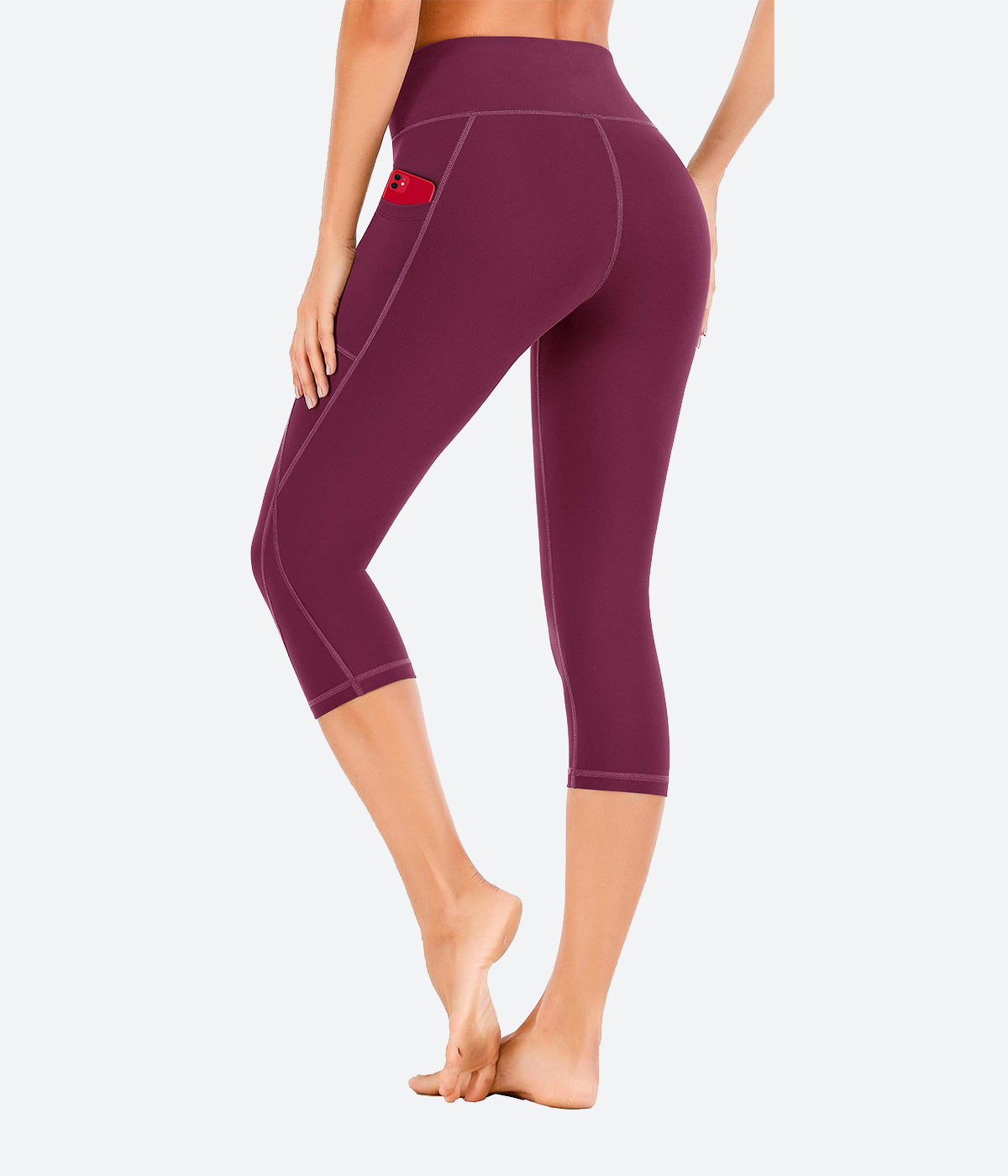 LifeSky Yoga Pants 2 Pocket High Waisted Tummy Control Burgundy Capri  Leggings
