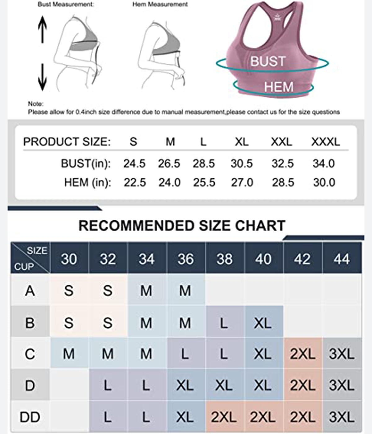 Size chart - Sport Bras